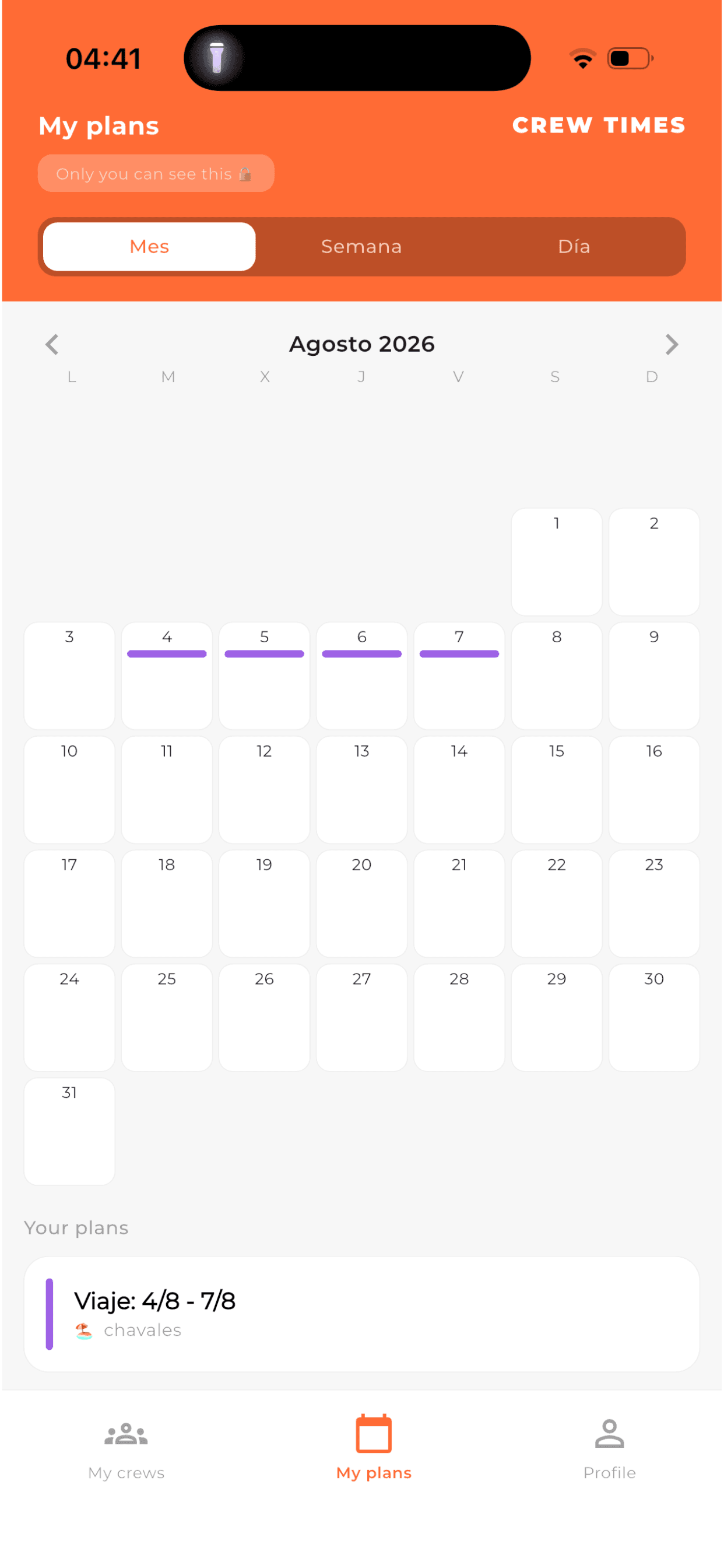 Calendario de planes en Crew Times